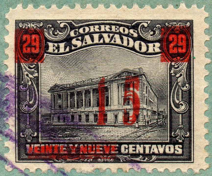 sellos timbres-poste Briefmarken stamps El Salvador 1919 Centavo surcharges on Tram Trolley Tranvia National Theatre teatro nacional 